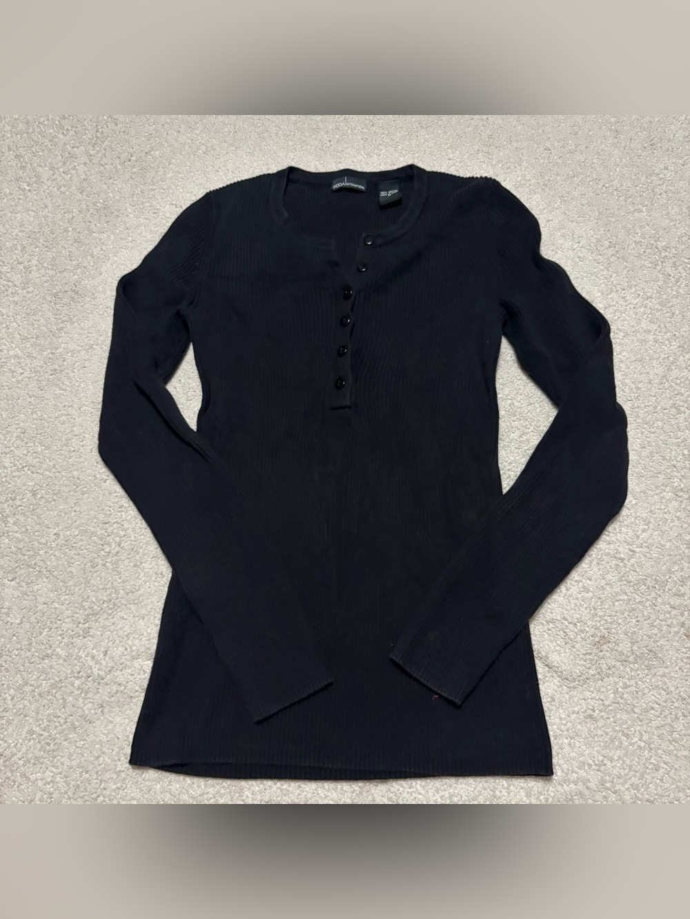 Moda International Black Ribbed Henley Long-Sleeve Top Y2K